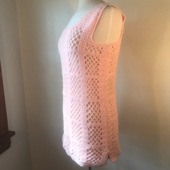 Vintage Pink Crocheted Sweater, Sweater Vest, Mini Dress, Grannycore Cottagecore - Picture 9 of 13